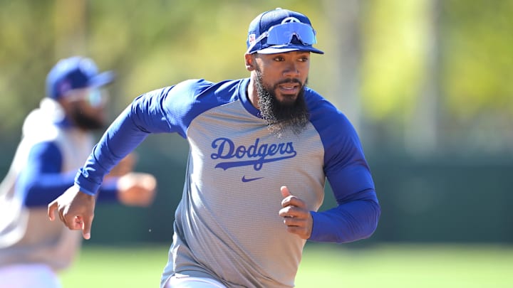 Feb 19, 2024; Glendale, AZ, USA; Los Angeles Dodgers left fielder Teoscar Hernandez (37) during a spring training workout in Glendale, Arizona