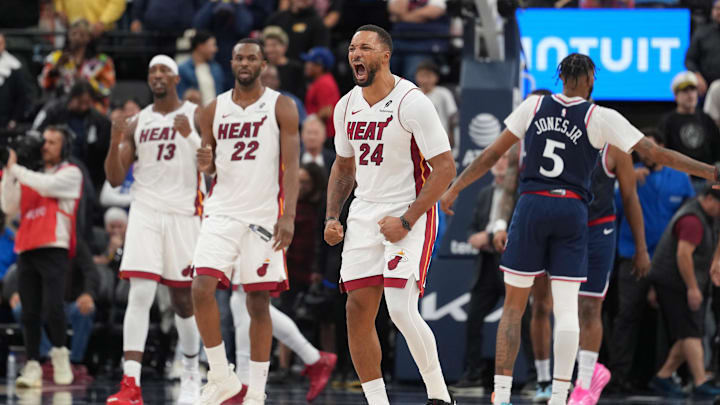 Nov 3, 2025; Inglewood, California, USA; Miami Heat guard Norman Powell (24) celebrates at the end of the game against the LA Clippers at Intuit Dome. Mandatory Credit: Kirby Lee-Imagn Images