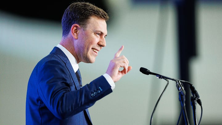 Dec 3, 2025; Lexington, KY, USA; Kentucky Wildcats head football coach Will Stein speaks during his introductory press conference at Nutter Field House. Mandatory Credit: Jordan Prather-Imagn Images
