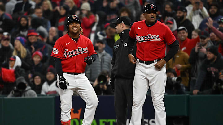 Cleveland Guardians third baseman Jose Ramirez (11) reacts after their ninth inning rally in Game 3 to take a 2-1 series lead.