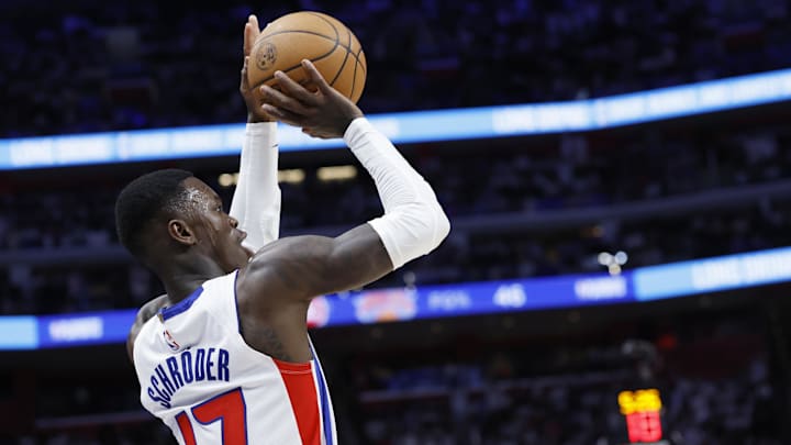 Apr 24, 2025; Detroit, Michigan, USA; Detroit Pistons guard Dennis Schroder (17) shoots in the second half against the New York Knicks during game three of first round for the 2024 NBA Playoffs at Little Caesars Arena. Mandatory Credit: Rick Osentoski-Imagn Images