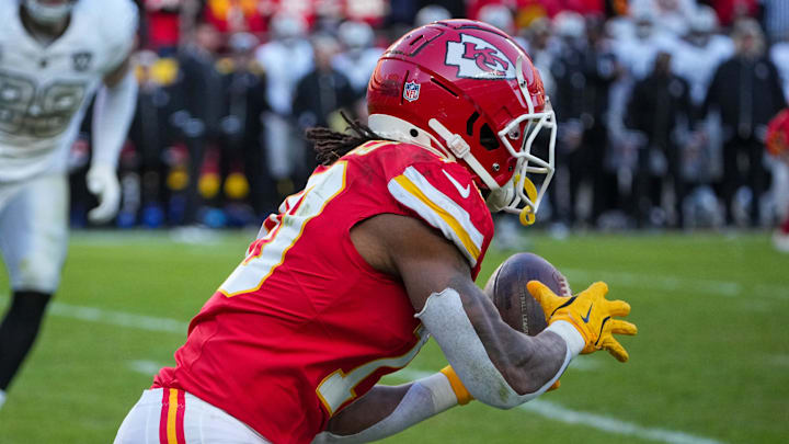 Nov 29, 2024; Kansas City, Missouri, USA; Kansas City Chiefs running back Isiah Pacheco (10) catches a pass against the Las Vegas Raiders during the first half at GEHA Field at Arrowhead Stadium. Mandatory Credit: Denny Medley-Imagn Images