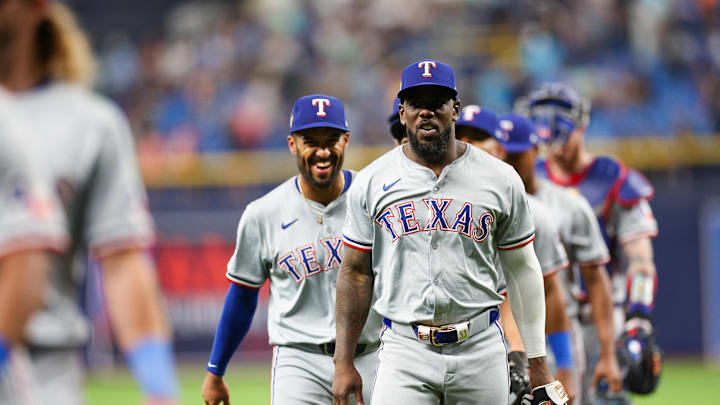 Apr 3, 2024; St. Petersburg, Florida, USA;  Texas Rangers right fielder Adolis Garcia (53)