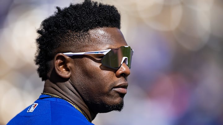 Feb 26, 2023; Phoenix, Arizona, USA; Chicago Cubs outfielder Yonathan Perlaza against the Los