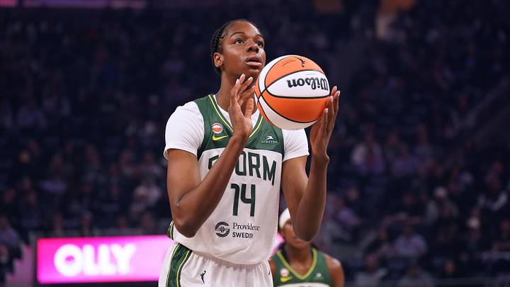 Apr 25, 2026; San Francisco, CA, USA; Seattle Storm center Dominique Malonga (14) shoots a free throw during a game against the Golden State Valkyries in the first quarter at Chase Center. Mandatory Credit: David Gonzales-Imagn Images Apr 25, 2026; San Francisco, CA, USA; Seattle Storm center Dominique Malonga (14) shoots a free throw during a game against the Golden State Valkyries in the first quarter at Chase Center. Mandatory Credit: David Gonzales-Imagn Images
