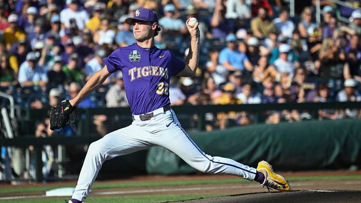 Jun 21, 2025; Omaha, Neb, USA;  LSU Tigers starting pitcher Kade Anderson (32) throws against the Coastal Carolina Chanticleers during the first inning at Charles Schwab Field. Mandatory Credit: Steven Branscombe-Imagn Images