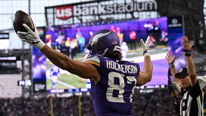 Oct 25, 2026; Minneapolis, Minnesota, USA;  Minnesota Vikings tight end T.J. Hockenson (87) reacts after scoring a touchdown against the Indianapolis Colts in the second half at U.S. Bank Stadium.  Mandatory Credit: Jeffrey Becker-Imagn Images