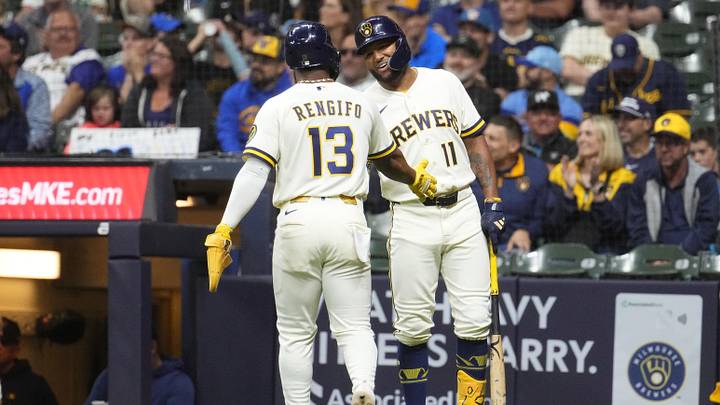 Jun 1, 2026; Milwaukee, Wisconsin, USA; Milwaukee Brewers left fielder Jackson Chourio (11) congratulates Milwaukee Brewers third baseman Luis Rengifo (13) after he scores a run against the San Francisco Giants in the eighth inning at American Family Field. Mandatory Credit: Michael McLoone-Imagn Images Jun 1, 2026; Milwaukee, Wisconsin, USA; Milwaukee Brewers left fielder Jackson Chourio (11) congratulates Milwaukee Brewers third baseman Luis Rengifo (13) after he scores a run against the San Francisco Giants in the eighth inning at American Family Field. Mandatory Credit: Michael McLoone-Imagn Images
