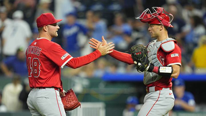 Angels pitcher Reid Detmers (48) celebrates with catcher Logan O'Hoppe (14) after defeating the Kansas City Royals at Kauffman Stadium on Sept. 3, 2025. Angels pitcher Reid Detmers (48) celebrates with catcher Logan O'Hoppe (14) after defeating the Kansas City Royals at Kauffman Stadium on Sept. 3, 2025.