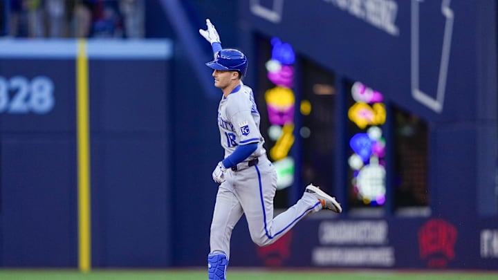 Aug 1, 2025; Toronto, Ontario, CAN; Kansas City Royals right fielder Mike Yastrzemski (18) points up to the sky after hitting a home run against the Toronto Blue Jays during the second inning at Rogers Centre. Mandatory Credit: Kevin Sousa-Imagn Images Aug 1, 2025; Toronto, Ontario, CAN; Kansas City Royals right fielder Mike Yastrzemski (18) points up to the sky after hitting a home run against the Toronto Blue Jays during the second inning at Rogers Centre. Mandatory Credit: Kevin Sousa-Imagn Images