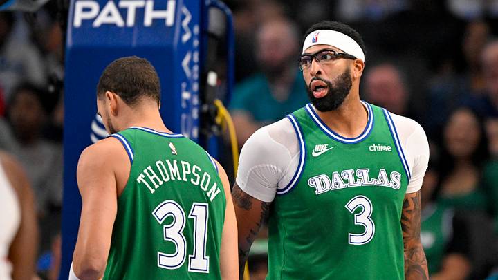 Oct 26, 2025; Dallas, Texas, USA; Dallas Mavericks guard Klay Thompson (31) and forward Anthony Davis (3) look on during the game between the Mavericks and the Raptors at the American Airlines Center. Mandatory Credit: Jerome Miron-Imagn Images