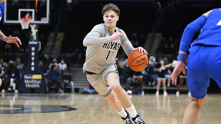 Jan 2, 2024; Washington, District of Columbia, USA; Georgetown Hoyas guard Rowan Brumbaugh (1) dribbles /across/ during the second half at Capital One Arena. Jan 2, 2024; Washington, District of Columbia, USA; Georgetown Hoyas guard Rowan Brumbaugh (1) dribbles /across/ during the second half at Capital One Arena.