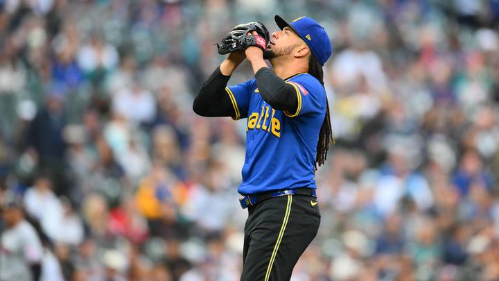 Jun 13, 2025; Seattle, Washington, USA; Seattle Mariners starting pitcher Luis Castillo (58) looks up during the first inning against Cleveland Guardians at T-Mobile Park. Mandatory Credit: Steven Bisig-Imagn Images
