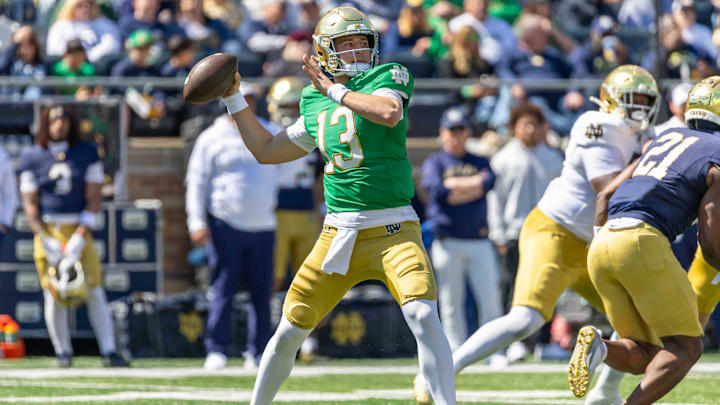 Apr 12, 2025; Notre Dame, IN, USA; Notre Dame Fighting Irish quarterback CJ Carr (13) throws a pass during the Blue-Gold game at Notre Dame Stadium. Mandatory Credit: Michael Caterina-Imagn Images