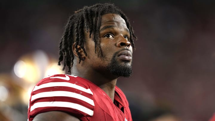 Oct 8, 2023; Santa Clara, California, USA; San Francisco 49ers linebacker Dre Greenlaw (57) during the fourth quarter against the Dallas Cowboys at Levi's Stadium. Mandatory Credit: Darren Yamashita-Imagn Images