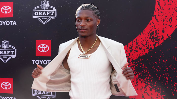 Apr 23, 2026; Pittsburgh, PA, USA; Ohio State Buckeyes receiver Carnell Tate poses on the red carpet before the 2026 NFL Draft at Point State Park. Mandatory Credit: Kirby Lee-Imagn Images