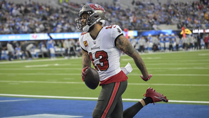 Dec 15, 2024; Inglewood, California, USA; Tampa Bay Buccaneers wide receiver Mike Evans (13) runs for a touchdown in the second half against the Los Angeles Chargers at SoFi Stadium. Mandatory Credit: Jayne Kamin-Oncea-Imagn Images