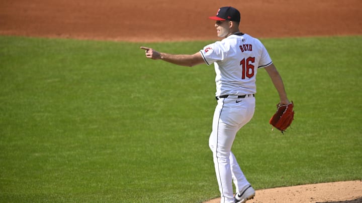 Oct 12, 2024; Cleveland, Ohio, USA; Cleveland Guardians pitcher Matthew Boyd (16) celebrates a strike out in the second inning against the Detroit Tigers during game five of the ALDS for the 2024 MLB Playoffs at Progressive Field. Mandatory Credit: David Richard-Imagn Images