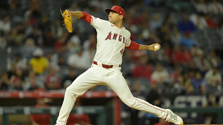 Sep 17, 2024; Anaheim, California, USA;  Los Angeles Angels relief pitcher Brock Burke (46) delivers to the plate in the seventh inning against the Chicago White Sox at Angel Stadium. Mandatory Credit: Jayne Kamin-Oncea-Imagn Images
