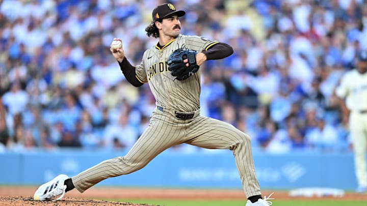 Aug 16, 2025; Los Angeles, California, USA; San Diego Padres pitcher Dylan Cease (84) throws during the second  inning against the Los Angeles Dodgers at Dodger Stadium. Mandatory Credit: William Liang-Imagn Images