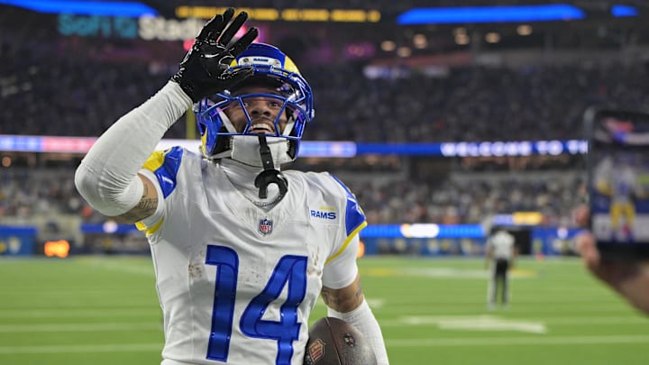 Nov 23, 2025; Inglewood, California, USA; Los Angeles Rams cornerback Cobie Durant (14) acknowledges the crowd after returning a pass thrown by Tampa Bay Buccaneers quarterback Baker Mayfield (not pictured) for a touchdown during the first quarter at SoFi Stadium. Mandatory Credit: Jayne Kamin-Oncea-Imagn Images