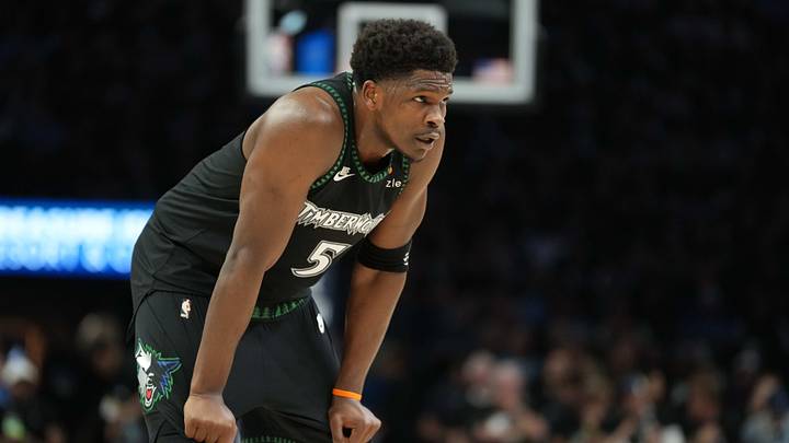 May 15, 2026; Minneapolis, Minnesota, USA; Minnesota Timberwolves guard Anthony Edwards (5) looks on against the San Antonio Spurs in the first half during game six of the second round of the 2026 NBA Playoffs at Target Center. 