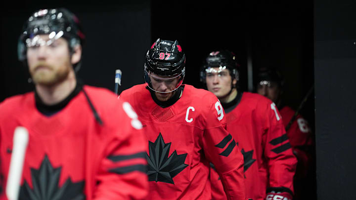 Feb 20, 2026; Milan, Italy; Connor McDavid (97) of Canada takes the ice before the game against Finland in a men's ice hockey semifinal during the Milano Cortina 2026 Olympic Winter Games at Milano Santagiulia Ice Hockey Arena. Mandatory Credit: James Lang-Imagn Images Feb 20, 2026; Milan, Italy; Connor McDavid (97) of Canada takes the ice before the game against Finland in a men's ice hockey semifinal during the Milano Cortina 2026 Olympic Winter Games at Milano Santagiulia Ice Hockey Arena. Mandatory Credit: James Lang-Imagn Images