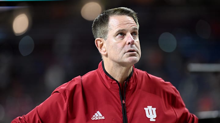 Dec 6, 2025; Indianapolis, IN, USA;  Indiana Hoosiers head coach Curt Cignetti looks on before the 2025 Big Ten championship game against the Ohio State Buckeyes at Lucas Oil Stadium. Mandatory Credit: Robert Goddin-Imagn Images