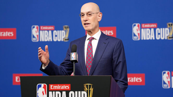Dec 16, 2025; Las Vegas, Nevada, USA; NBA commissioner Adam Silver speaks during press conference at the Emirates NBA Cup Final at T-Mobile Arena. Mandatory Credit: Kirby Lee-Imagn Images