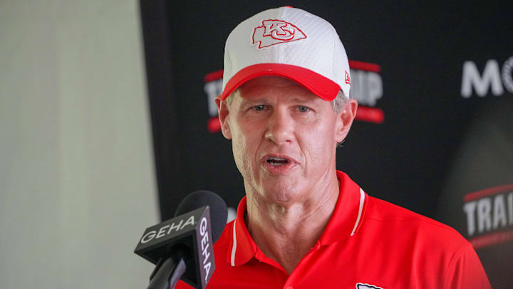 Jul 22, 2024; St. Joseph, MO, USA; Kansas City Chiefs owner Clark Hunt talks with media after training camp at Missouri Western State University. Mandatory Credit: Denny Medley-Imagn Images