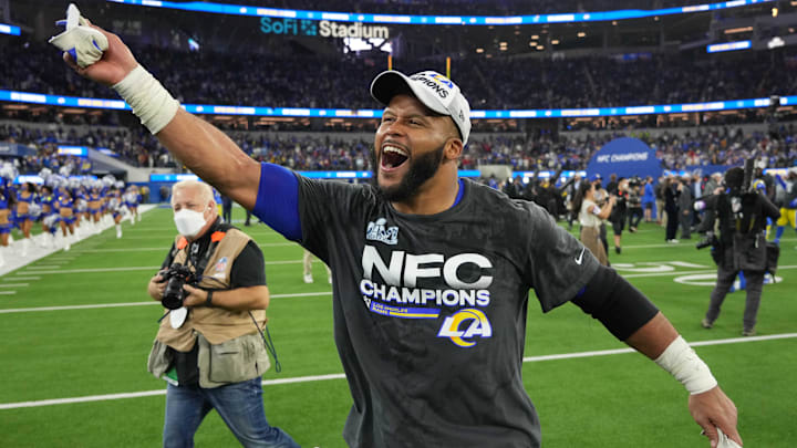 Jan 30, 2022; Inglewood, California, USA; Los Angeles Rams defensive tackle Aaron Donald celebrates after the NFC Championship Game.