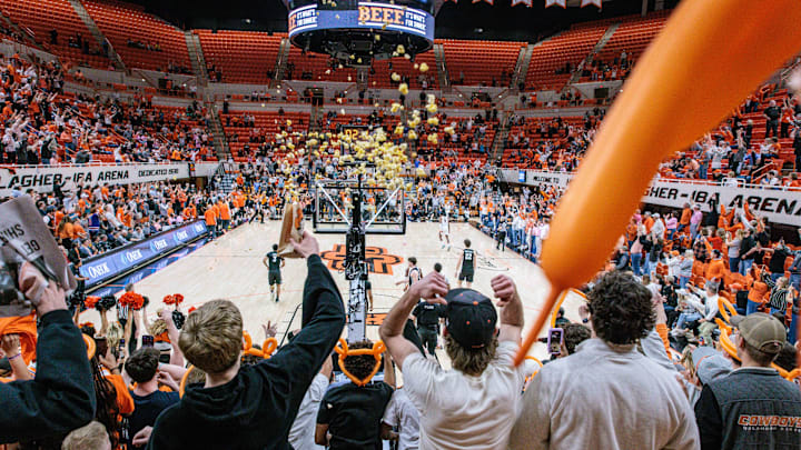Feb 25, 2025; Stillwater, Oklahoma, USA; Oklahoma State Cowboys fans react at the end of the game against the Iowa State Cyclones at Gallagher-Iba Arena. Mandatory Credit: William Purnell-Imagn Images Feb 25, 2025; Stillwater, Oklahoma, USA; Oklahoma State Cowboys fans react at the end of the game against the Iowa State Cyclones at Gallagher-Iba Arena. Mandatory Credit: William Purnell-Imagn Images