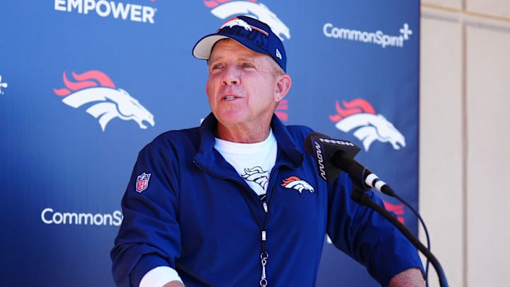 May 10, 2025; Englewood, CO, USA; Denver Broncos head coach Sean Payton speaks to the media following rookie minicamp at Broncos Park Powered by CommonSpirit. Mandatory Credit: Ron Chenoy-Imagn Images