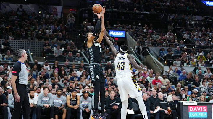 Mar 3, 2024; San Antonio, Texas, USA: San Antonio Spurs center Victor Wembanyama (1) shoots over Indiana Pacers forward Pascal Siakam (43) in the second half at Frost Bank Center. Mandatory Credit: Daniel Dunn-Imagn Images