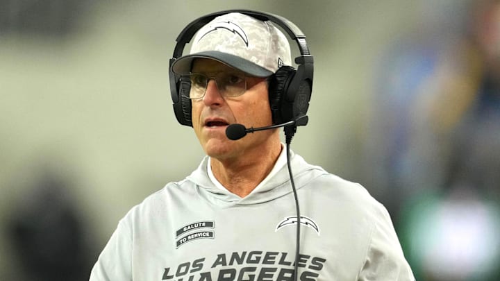Nov 25, 2024; Inglewood, California, USA; Los Angeles Chargers coach Jim Harbaugh reacts against the Baltimore Ravens in the first half at SoFi Stadium. Mandatory Credit: Kirby Lee-Imagn Images