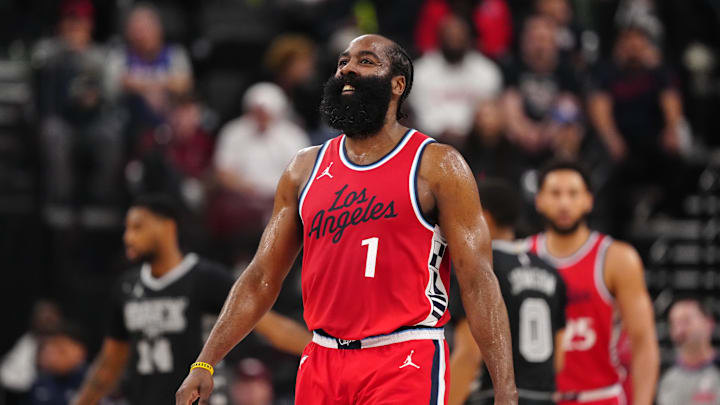 Apr 8, 2025; Inglewood, California, USA; LA Clippers guard James Harden (1) reacts against the San Antonio Spurs in the first half at Intuit Dome. Mandatory Credit: Kirby Lee-Imagn Images