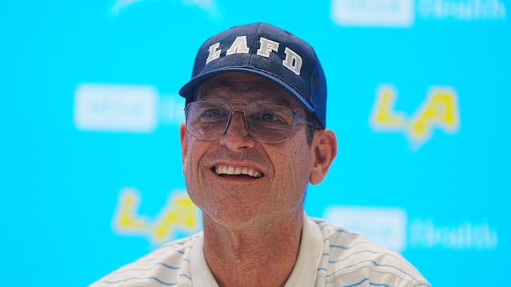 Jan 15, 2025; El Segundo, CA, USA; Los Angeles Chargers coach Jim Harbaugh at a press conference at The Bolt. Jan 15, 2025; El Segundo, CA, USA; Los Angeles Chargers coach Jim Harbaugh at a press conference at The Bolt.