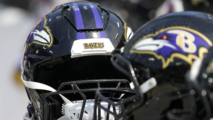 Aug 24, 2024; Green Bay, Wisconsin, USA;  General view of a Baltimore Ravens helmet prior to the game against the Green Bay Packers at Lambeau Field. Mandatory Credit: Jeff Hanisch-Imagn Images
