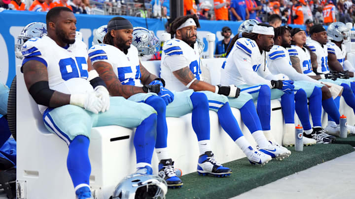 Oct 26, 2025; Denver, Colorado, USA; The Dallas Cowboys bench in the second half against the Denver Broncos at Empower Field at Mile High. Mandatory Credit: Ron Chenoy-Imagn Images Oct 26, 2025; Denver, Colorado, USA; The Dallas Cowboys bench in the second half against the Denver Broncos at Empower Field at Mile High. Mandatory Credit: Ron Chenoy-Imagn Images