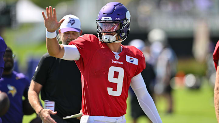 Aug 2, 2024; Eagan, MN, USA; Minnesota Vikings quarterback J.J. McCarthy (9) looks on during practice at Vikings training camp in Eagan, MN. Aug 2, 2024; Eagan, MN, USA; Minnesota Vikings quarterback J.J. McCarthy (9) looks on during practice at Vikings training camp in Eagan, MN.