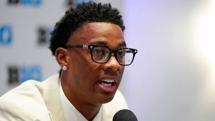 Jul 23, 2025; Las Vegas, NV, USA; Washington Huskies cornerback Ephesians Prysock speaks to the media during the Big Ten NCAA college football media days at Mandalay Bay Resort. Mandatory Credit: Lucas Peltier-Imagn Images