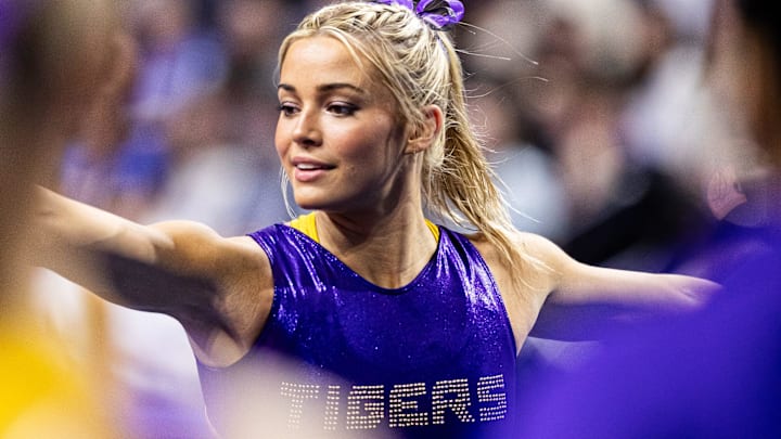 LSU Tigers gymnast Livvy Dunne warms up against the Florida Gators.