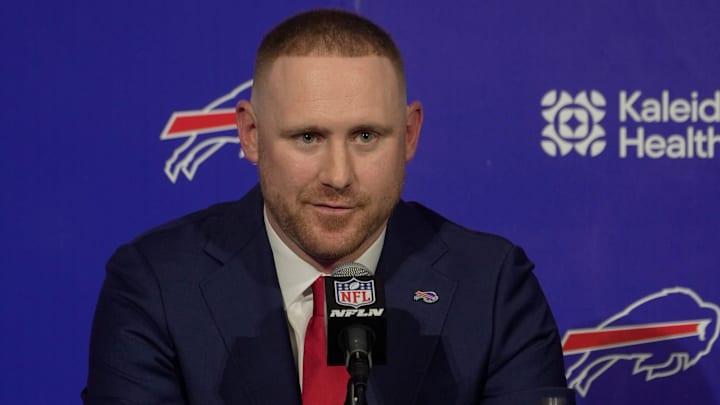 New Buffalo Bills head coach Joe Brady answers questions during a press conference at the Bills field house in Orchard Park on Jan. 29, 2026.