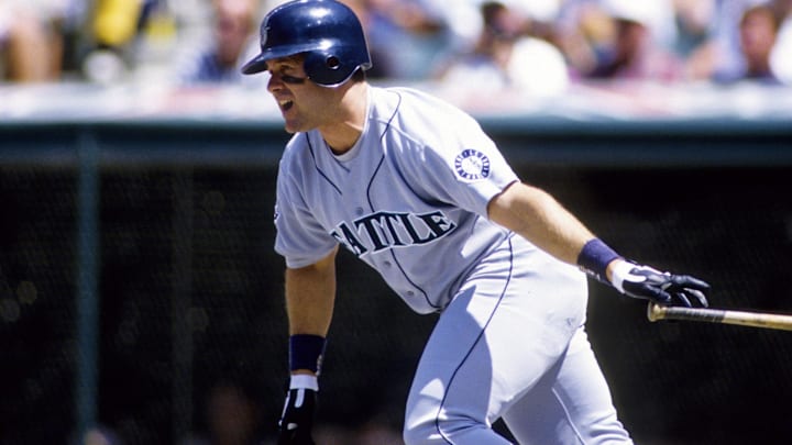 Seattle Mariners DH Edgar Martinez in action at the plate against the Cleveland Indians at Jacobs Field during the 1995 season. 