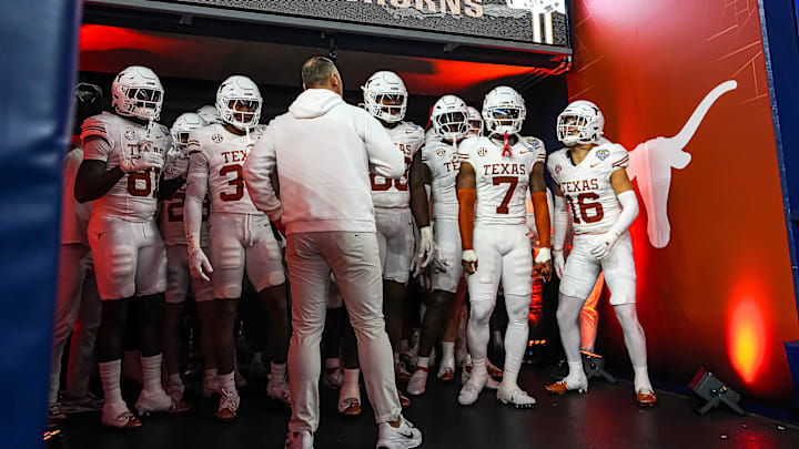 Texas Longhorns head coach Steve Sarkisian leads his team to the field for the second half of the College Football Playoff semifinal game against Ohio State in the Cotton Bowl at AT&T Stadium on Friday, Jan. 10, 2024 in Arlington, Texas.