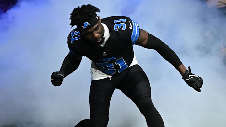 Jan 5, 2025; Detroit, Michigan, USA; Detroit Lions safety Kerby Joseph (31) takes the field during payer introductions before their game against the Minnesota Vikings at Ford Field. Mandatory Credit: Lon Horwedel-Imagn Images