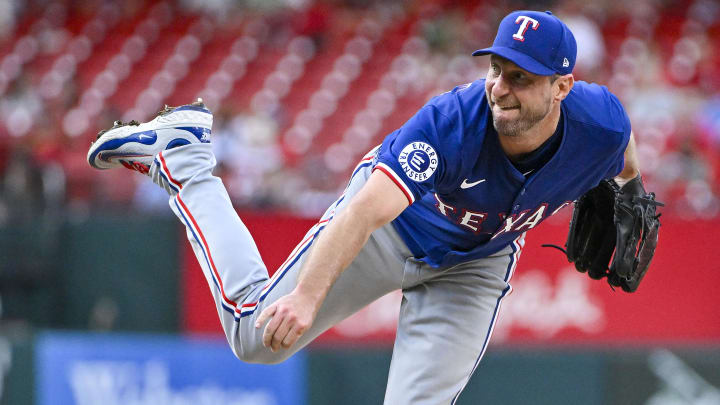 Jul 30, 2024; St. Louis, Missouri, USA;  Texas Rangers starting pitcher Max Scherzer (31) pitches against the St. Louis Cardinals during the first inning at Busch Stadium. Mandatory Credit: Jeff Curry-USA TODAY Sports