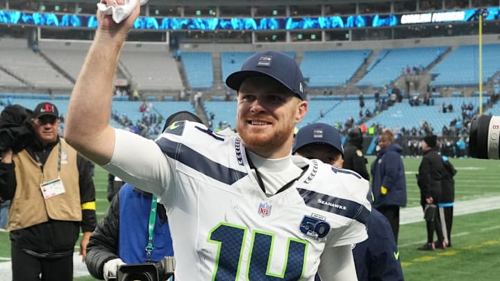 Dec 28, 2025; Charlotte, North Carolina, USA; Seattle Seahawks quarterback Sam Darnold (14) reacts after the game at Bank of America Stadium.
