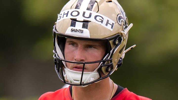 Jun 10, 2025; New Orleans, LA, USA;  New Orleans Saints quarterback Tyler Shough (6) looks on during minicamp at Ochsner Sports Performance Center. Mandatory Credit: Stephen Lew-Imagn Images