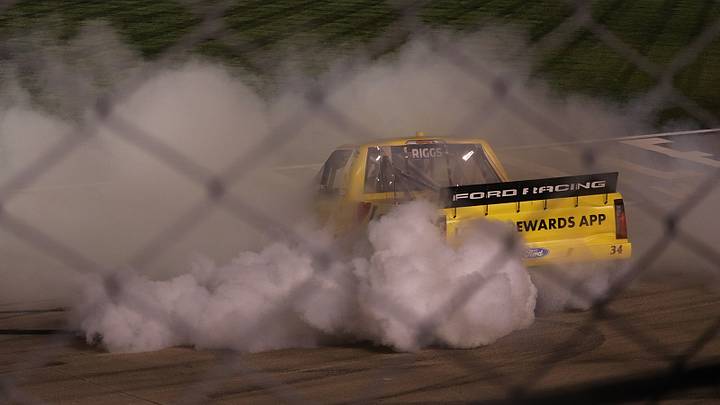 Layne Riggs performs a celebratory burnout after winning the Allegiance 200 at Nashville Superspeedway. Layne Riggs performs a celebratory burnout after winning the Allegiance 200 at Nashville Superspeedway.
